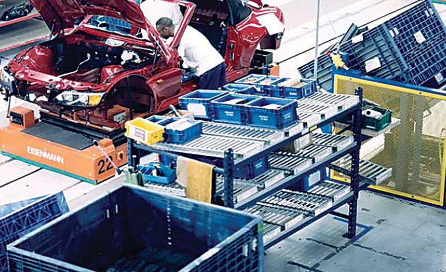 Automotive assembly line with reusable bulk containers and totes