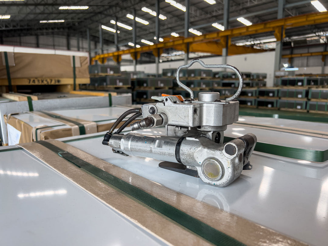 banding machine and shipping supplies in warehouse