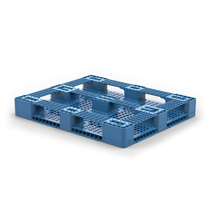 Bottom view of durable 40x48 inch rackable pallet in blue