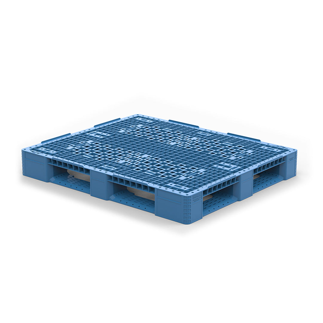 Top view of durable rackable 40x48 inch pallet in blue.