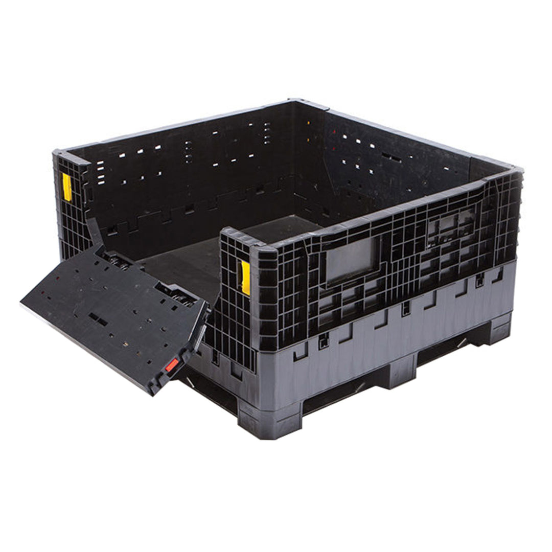 48x45x25 inch collapsible bulk bin container with open drop door to allow for easy access to products.