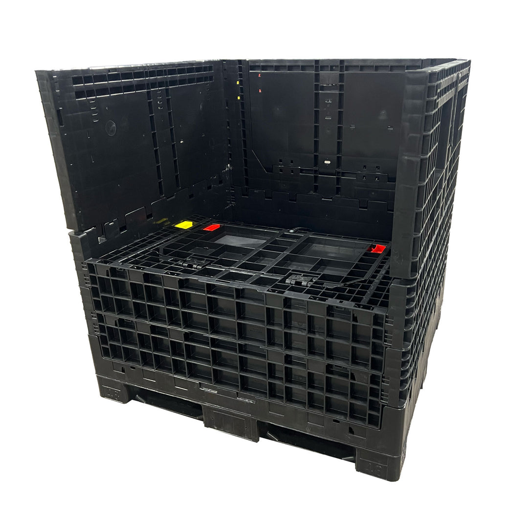 Front view of 48x45x50 inch bulk container with one wall collapsed.