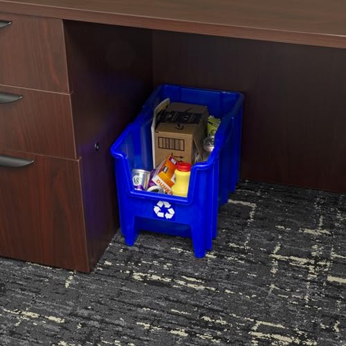 READYSPACE Commercial Industrial Heavy Duty Stackable Open-Front Recycling Bin Box Containers, 7 Gallon, 4 Pack, Blue