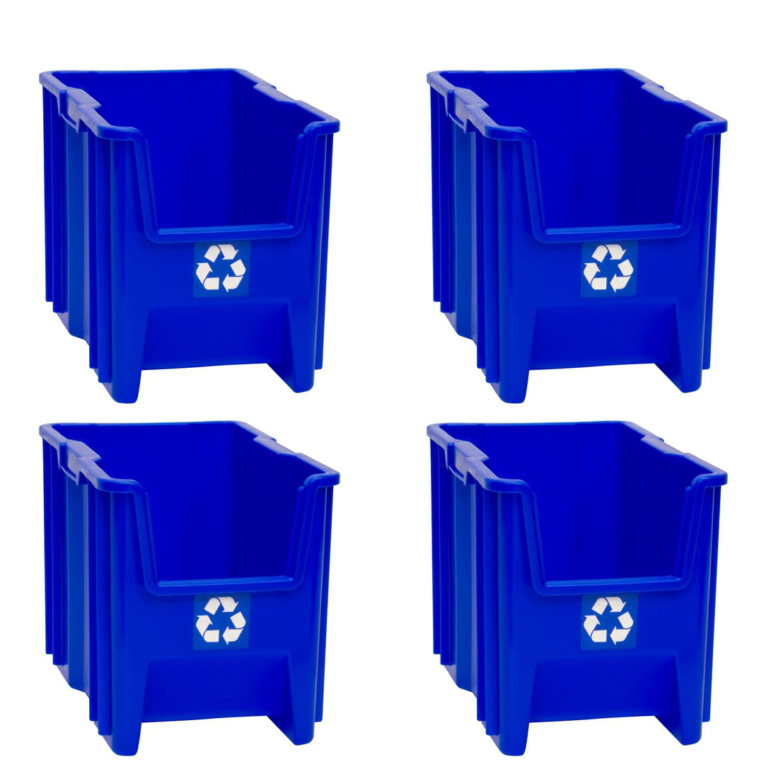 READYSPACE Commercial Industrial Heavy Duty Stackable Open-Front Recycling Bin Box Containers, 7 Gallon, 4 Pack, Blue