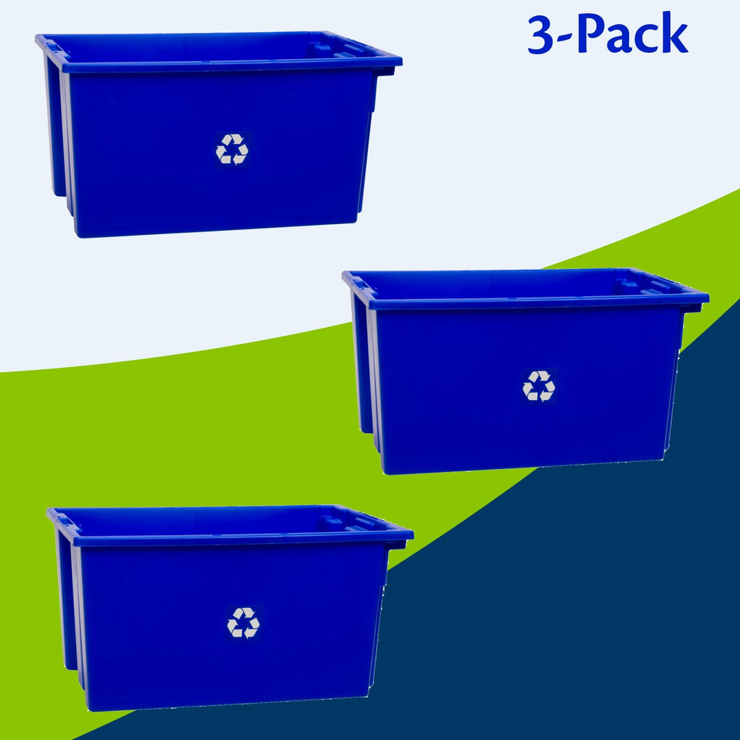 ReadySpace 3-Pack Commercial Industrial Heavy Duty Stackable Large Capacity Recycling Bin Box Containers, 13 Gallon 23-1/2-Inch x 15-1/2-Inch x 12-Inch, Blue