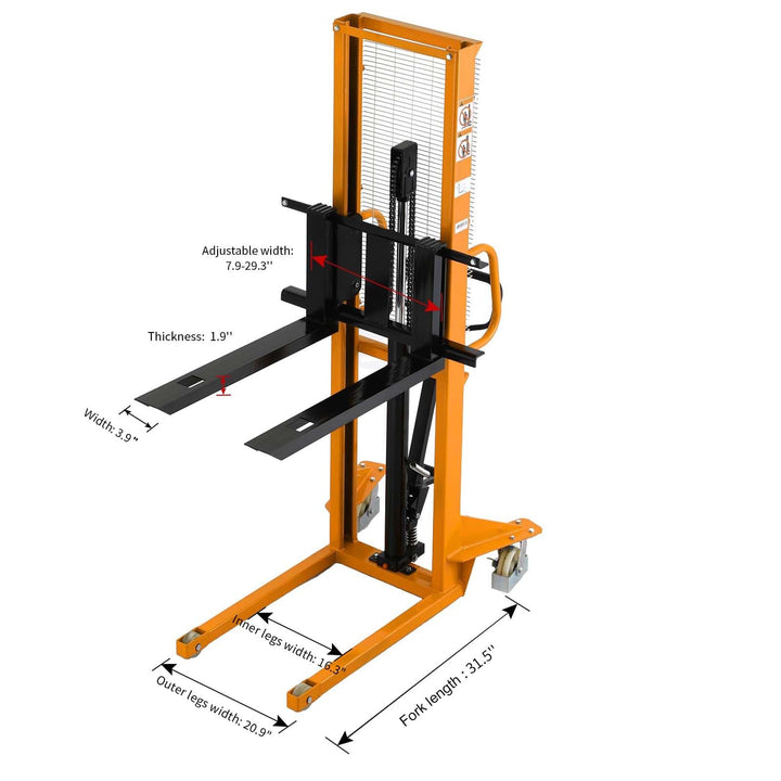 APOLLOLIFT Manual Stacker Hand Pallet Forklift 1100lbs Capacity 63" Lifting Height with Fixed Legs and Adjustable Forks Suitable for Open Bottom Pallet