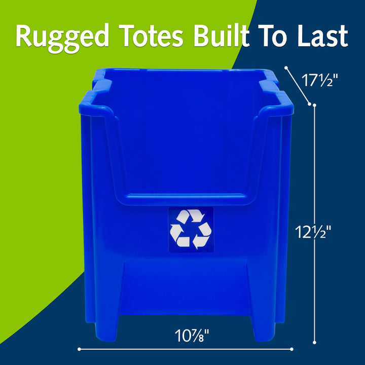 READYSPACE Commercial Industrial Heavy Duty Stackable Open-Front Recycling Bin Box Containers, 7 Gallon, 4 Pack, Blue