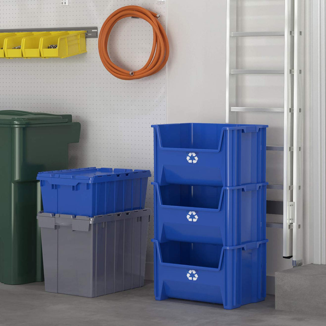READYSPACE Commercial Industrial Heavy Duty Stackable Open-Front Recycling Bin Box Containers, 12.5 Gallon (Pack of 3), Blue