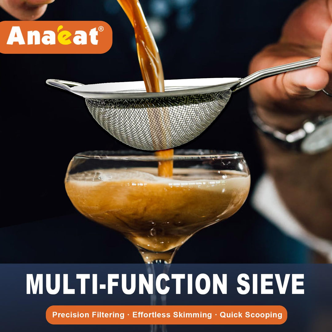 Anaeat Fine Mesh Strainers - Premium Stainless Steel Colander Sieve Sifters, with Durable Mesh and Sturdy Handle, Excellent for Sifting Dry ingredients, Flour, Pastas, Rice, Tea (3.15"+5.5"+7.87")