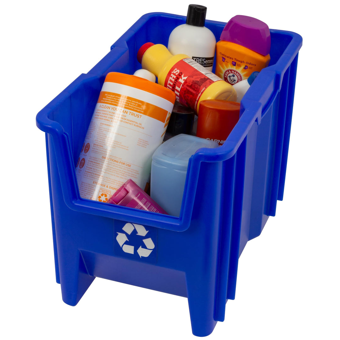 READYSPACE Commercial Industrial Heavy Duty Stackable Open-Front Recycling Bin Box Containers, 7 Gallon, 4 Pack, Blue