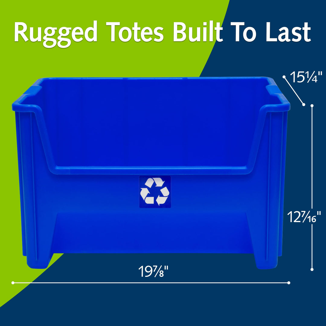 READYSPACE Commercial Industrial Heavy Duty Stackable Open-Front Recycling Bin Box Containers, 12.5 Gallon (Pack of 3), Blue