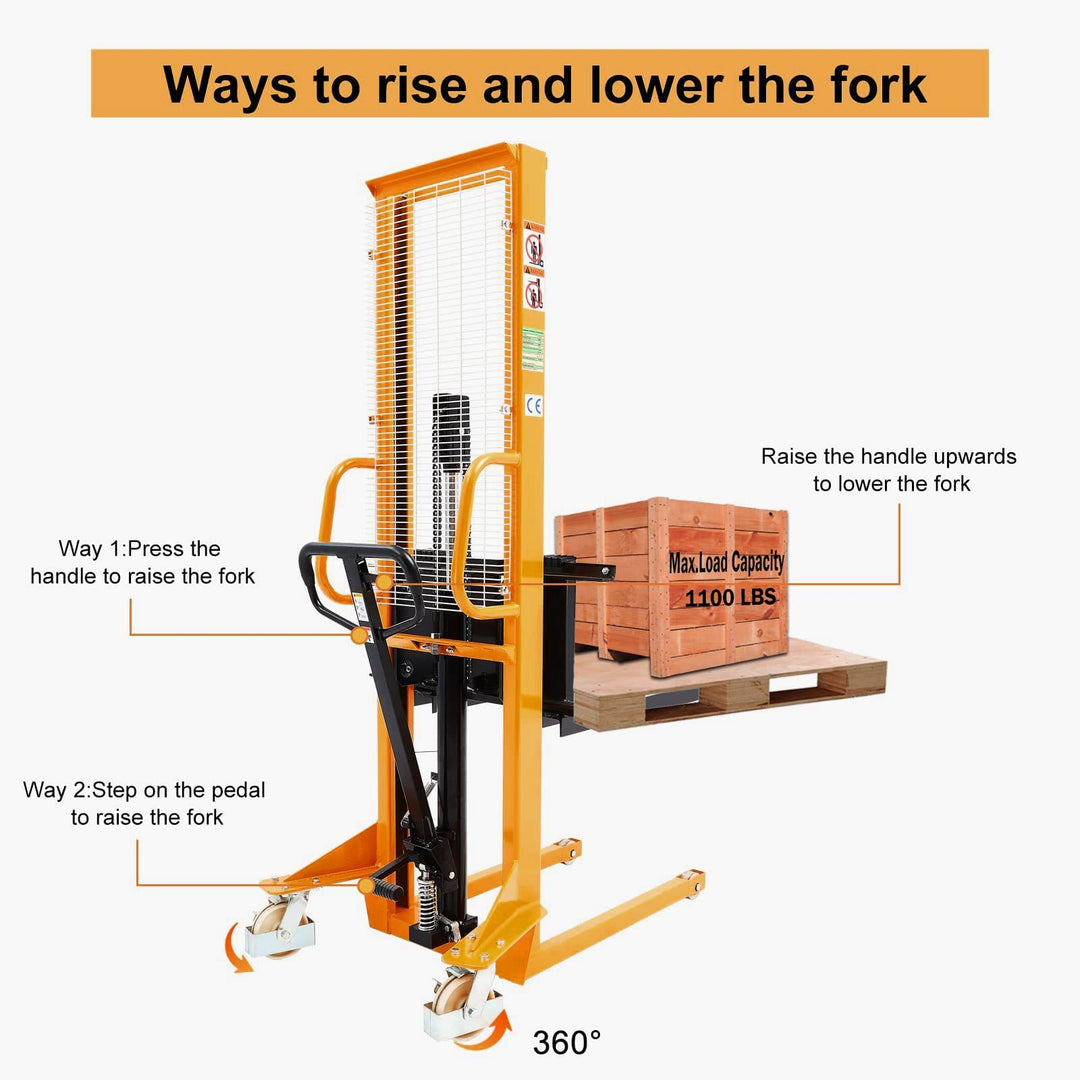 APOLLOLIFT Manual Stacker Hand Pallet Forklift 1100lbs Capacity 63" Lifting Height with Fixed Legs and Adjustable Forks Suitable for Open Bottom Pallet