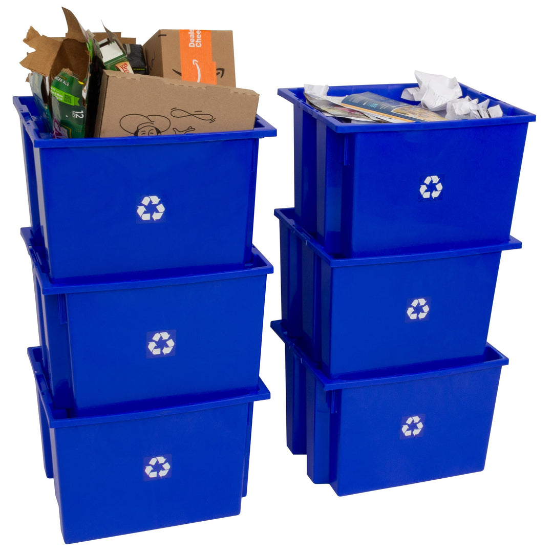 ReadySpace 6-Pack Commercial Industrial Heavy Duty Stackable Large Capacity Recycling Bin Box Containers, 13 Gallon 19-1/2 Inch x 15-1/2 Inch x 13 Inch, Blue