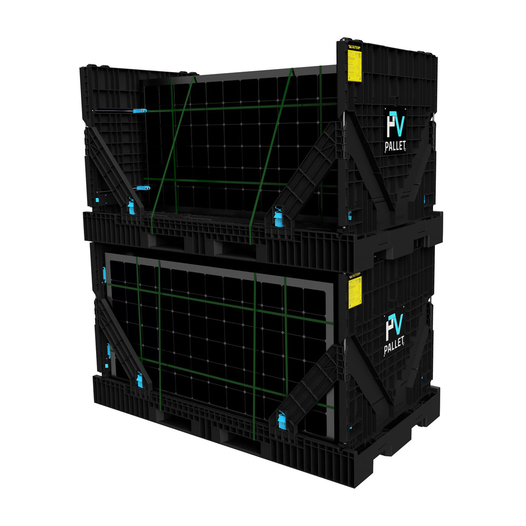 90x48 inch solar panel pallets with sidewalls stacked two high and loaded with solar panels. The sidewalls protect fragile loads with no weight on the cargo.