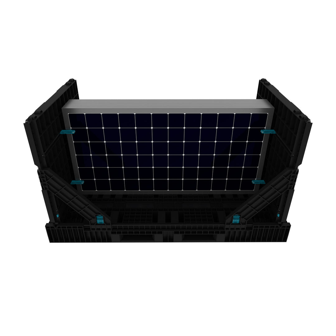 90x40 inch durable plastic pallet with sidewalls loaded with solar panels.