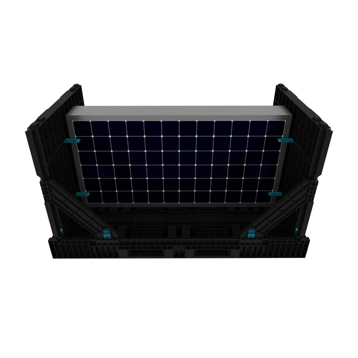 90x40 inch durable plastic pallet with sidewalls loaded with solar panels.