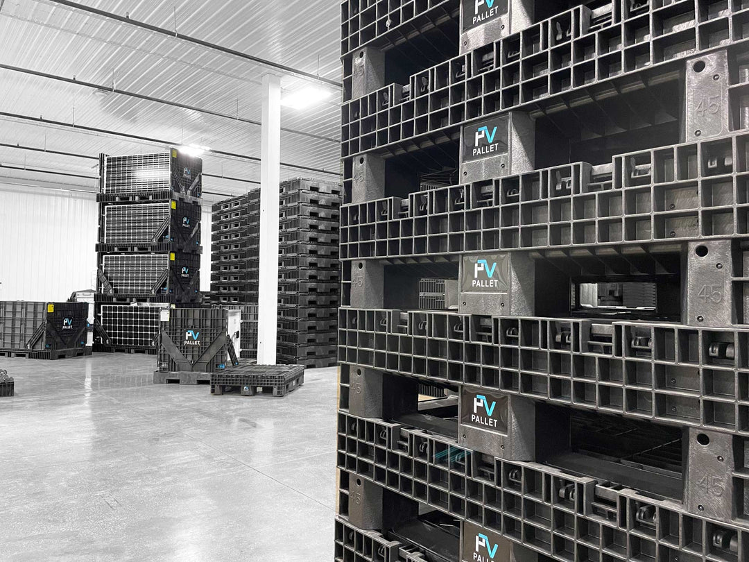 PVpallet BOS bins stacked in a warehouse for solar balance of system equipment storage