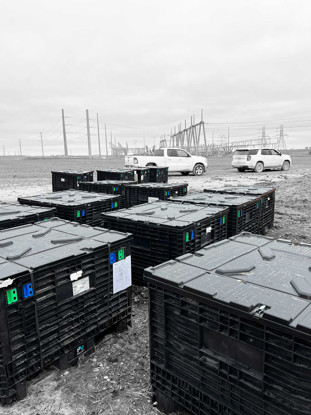 PVpallet BOS bulk bins staged at a utility-scale solar installation site