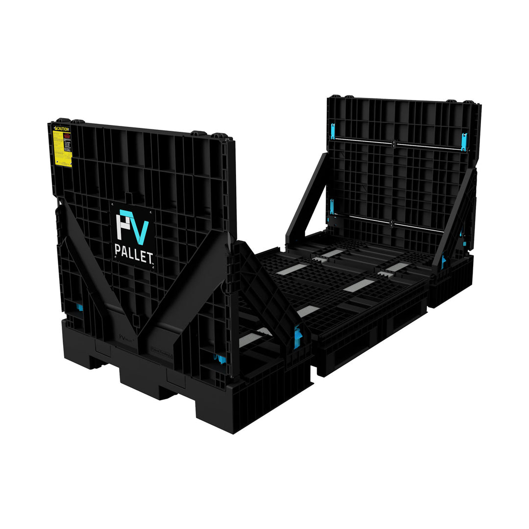 Front view of PVpallet Series XL, a 96x45 inch industrial strength plastic pallet with side walls for transporting large, fragile products like glass doors and solar panels.