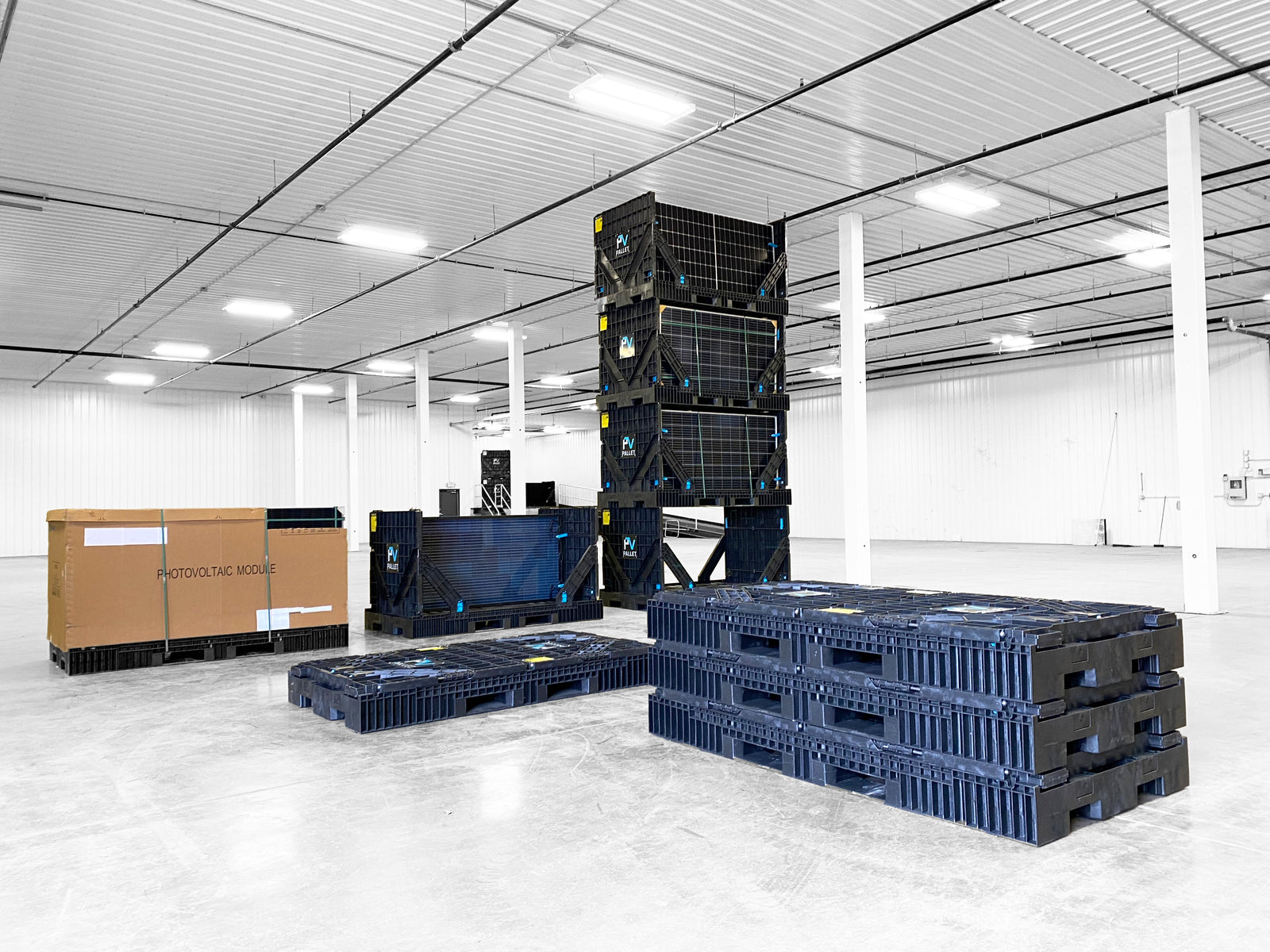 Series X solar panel pallet stacked four high in warehouse